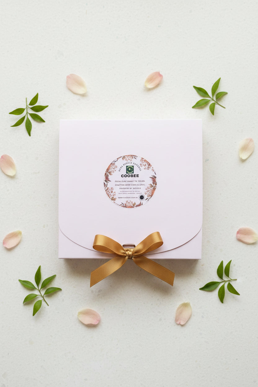 Product packaging with a gold ribbon on a dark background